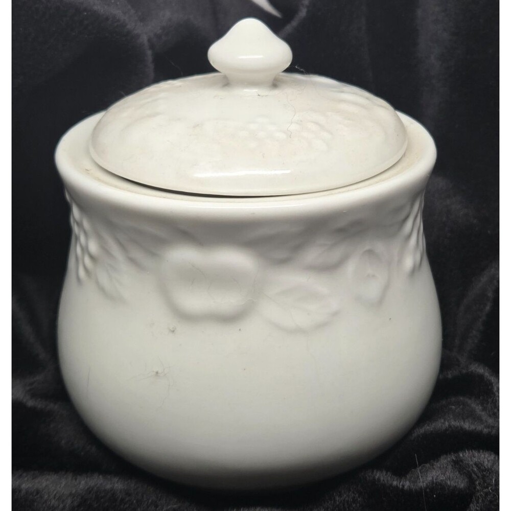 Gibson Designs FLOURISH Sugar Bowl & Lid White Embossed Fruit"
